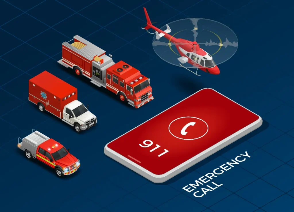 Illustration of emergency vehicles and a smartphone displaying 911, representing crisis response services and mental health emergency contacts provided by Reach Housing Solutions for individuals in need of immediate support.