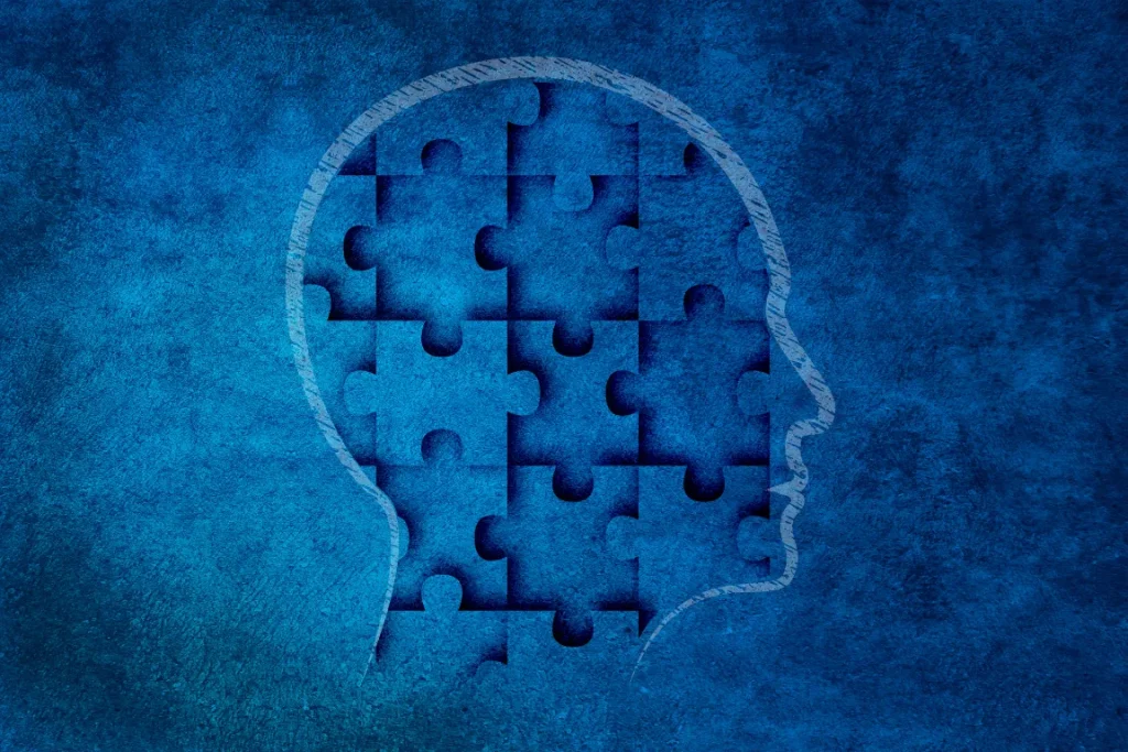 Blue puzzle head silhouette representing mental health awareness and recovery, symbolizing Reach Housing Solutions’ compassionate approach to supportive housing and individualized care for people with mental health challenges.