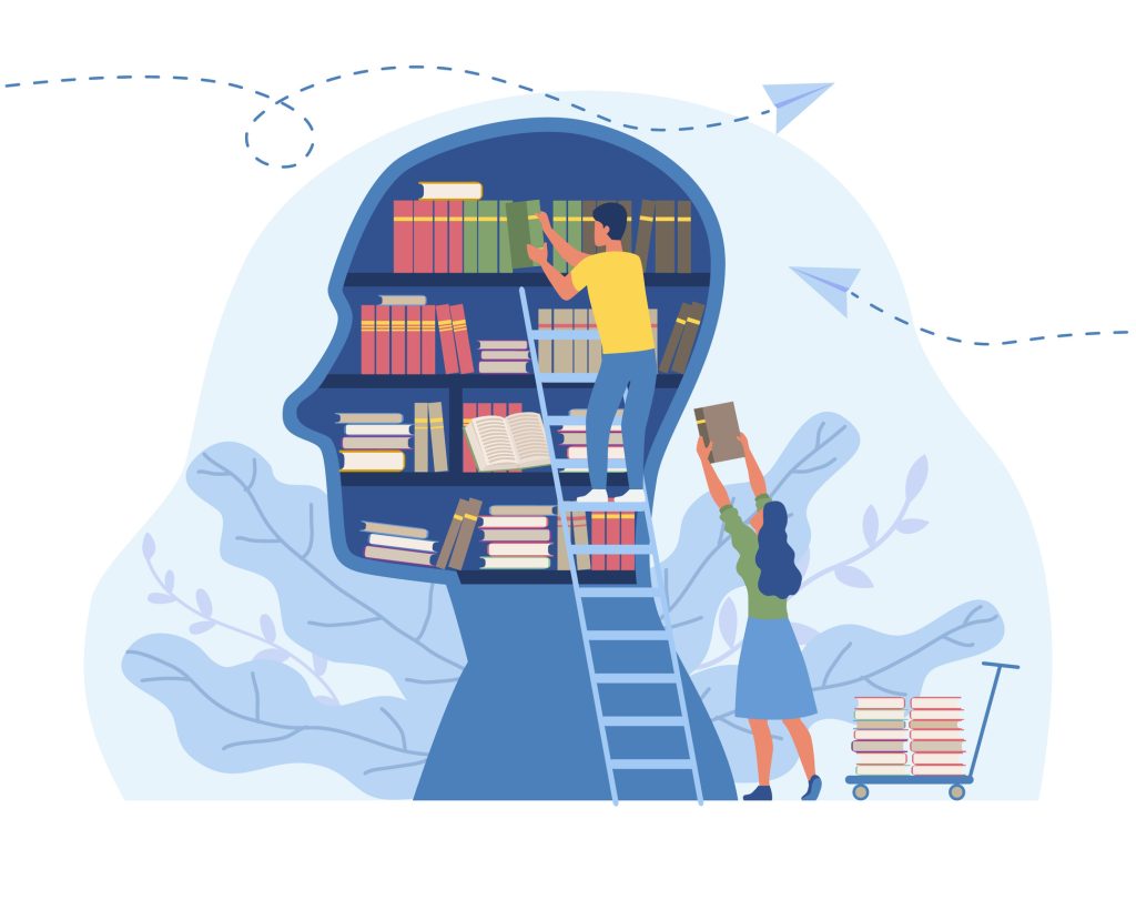Illustration of people placing books inside a human-head-shaped bookshelf, symbolizing learning, support, and access to mental health resources — representing Reach Housing Solutions’ commitment to providing community-based housing and support in Los Angeles.