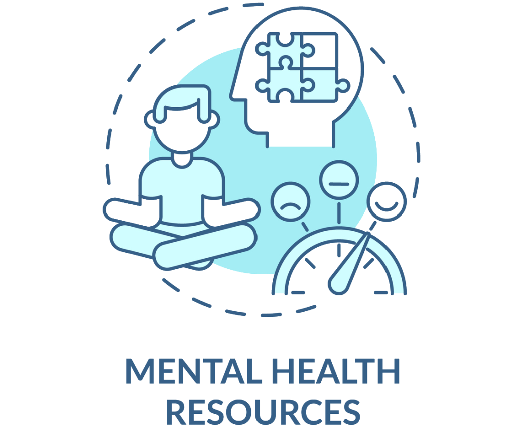 Illustration showing a person meditating beside a brain with puzzle pieces and a mood meter, representing free and low-cost mental health resources and support services provided by Reach Housing Solutions.