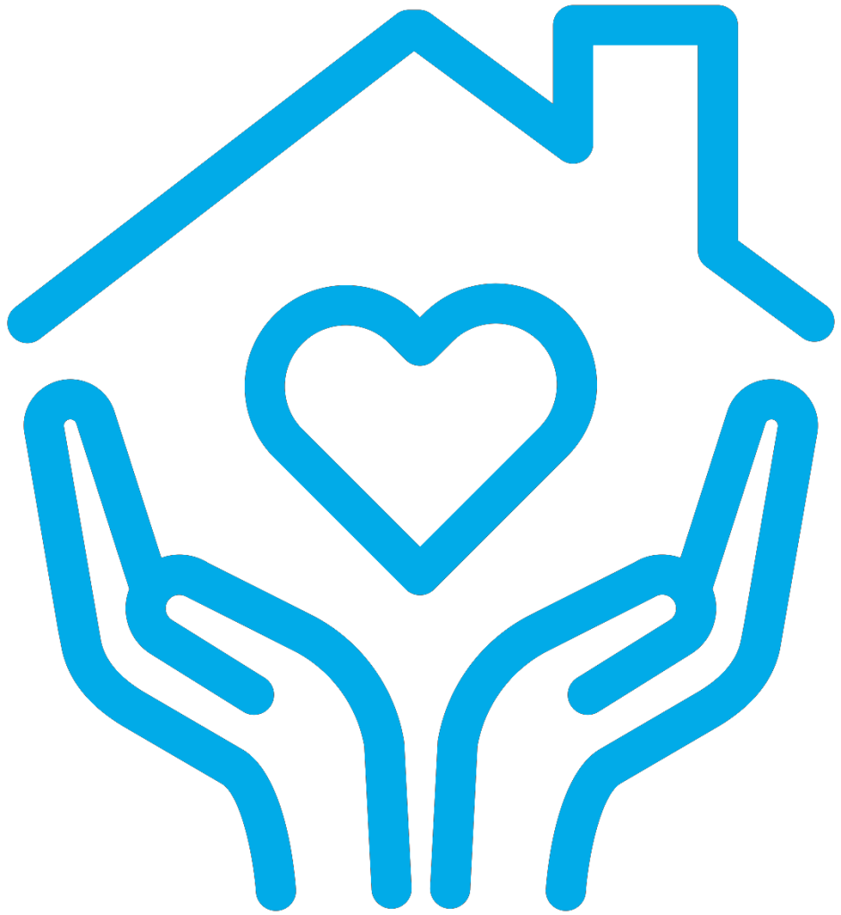 Blue outline illustration of hands holding a house with a heart inside, symbolizing supportive housing, care, and stability for individuals with mental health challenges — representing Reach Housing Solutions’ community-based housing programs.